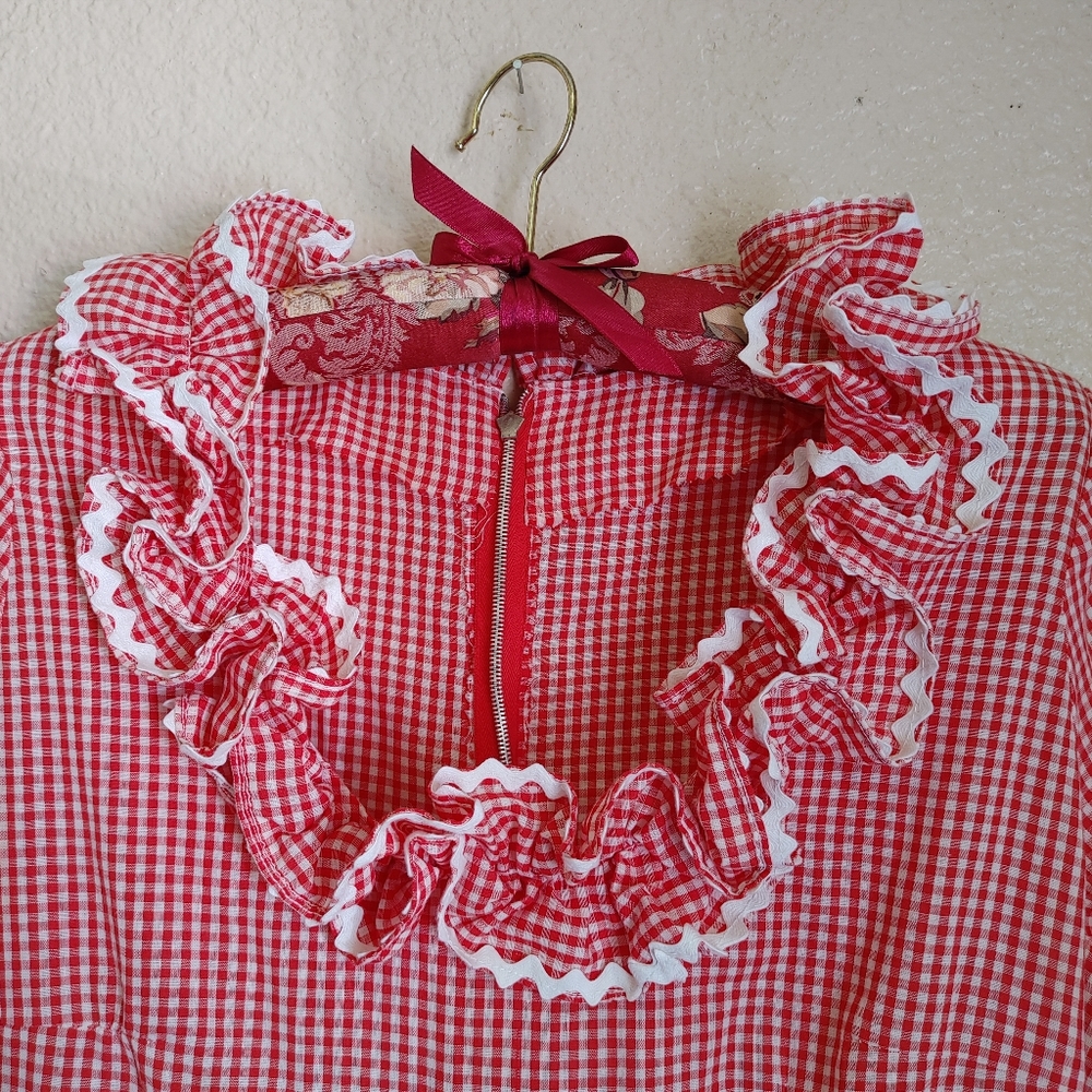 VTG Cottagecore Red Ruffled Gingham Plaid Maxi Dress Size S - Picture 4 of 11